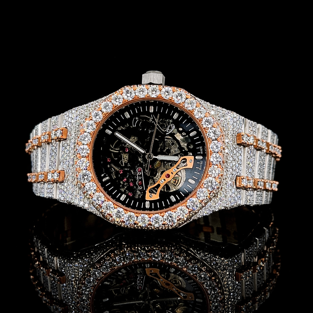 Black Skeleton Dial Rose Gold Bezel Two Tone Moissanite Watch AP Inspired