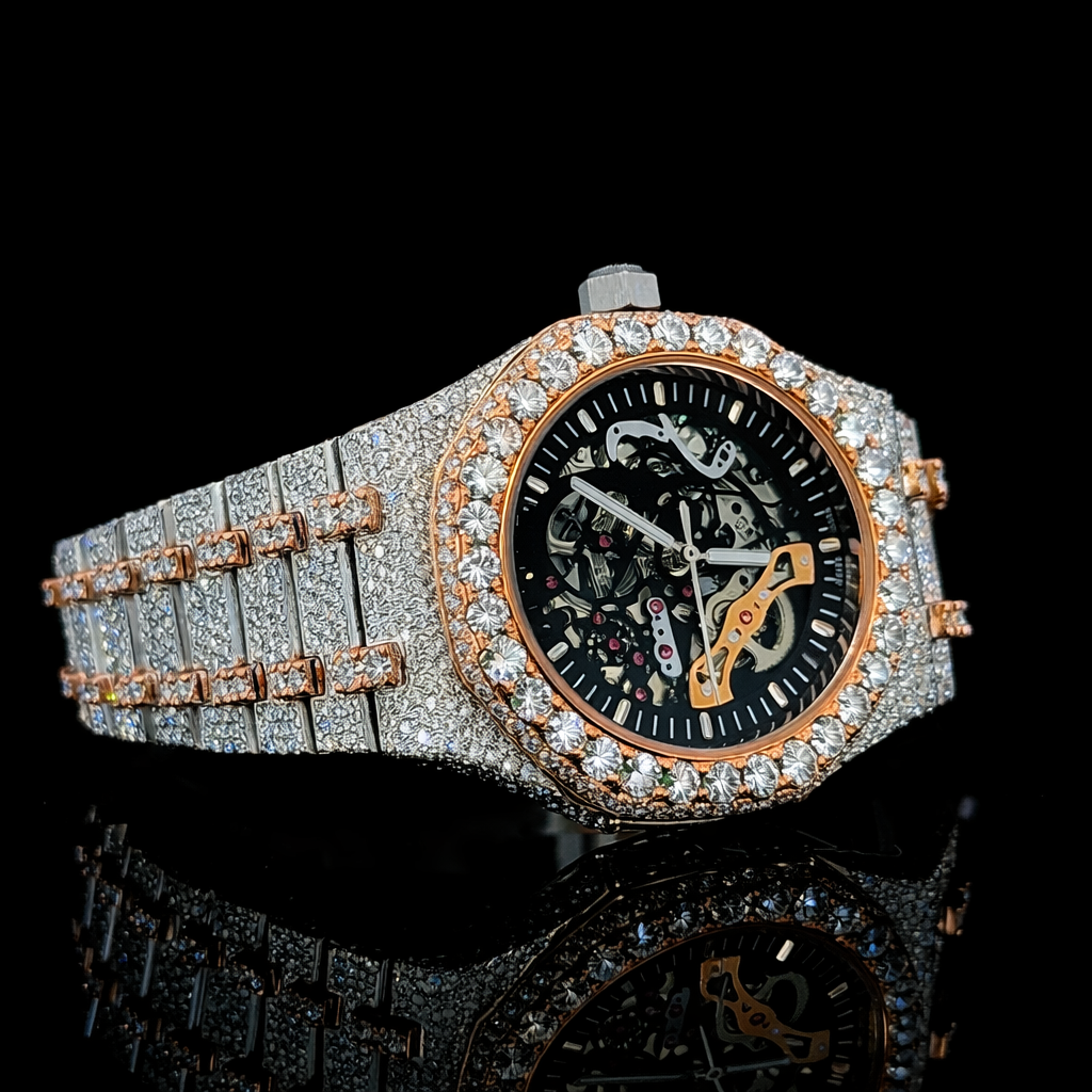 Black Skeleton Dial Rose Gold Bezel Two Tone Moissanite Watch AP Inspired
