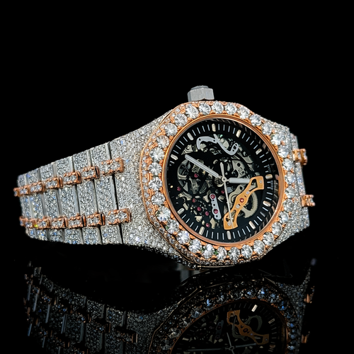 Black Skeleton Dial Rose Gold Bezel Two Tone Moissanite Watch AP Inspired