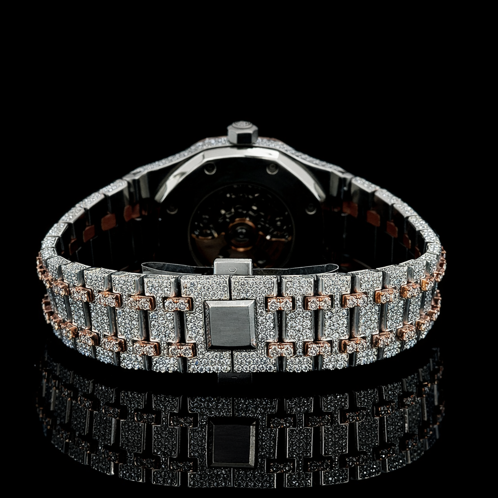 Black Skeleton Dial Rose Gold Bezel Two Tone Moissanite Watch AP Inspired