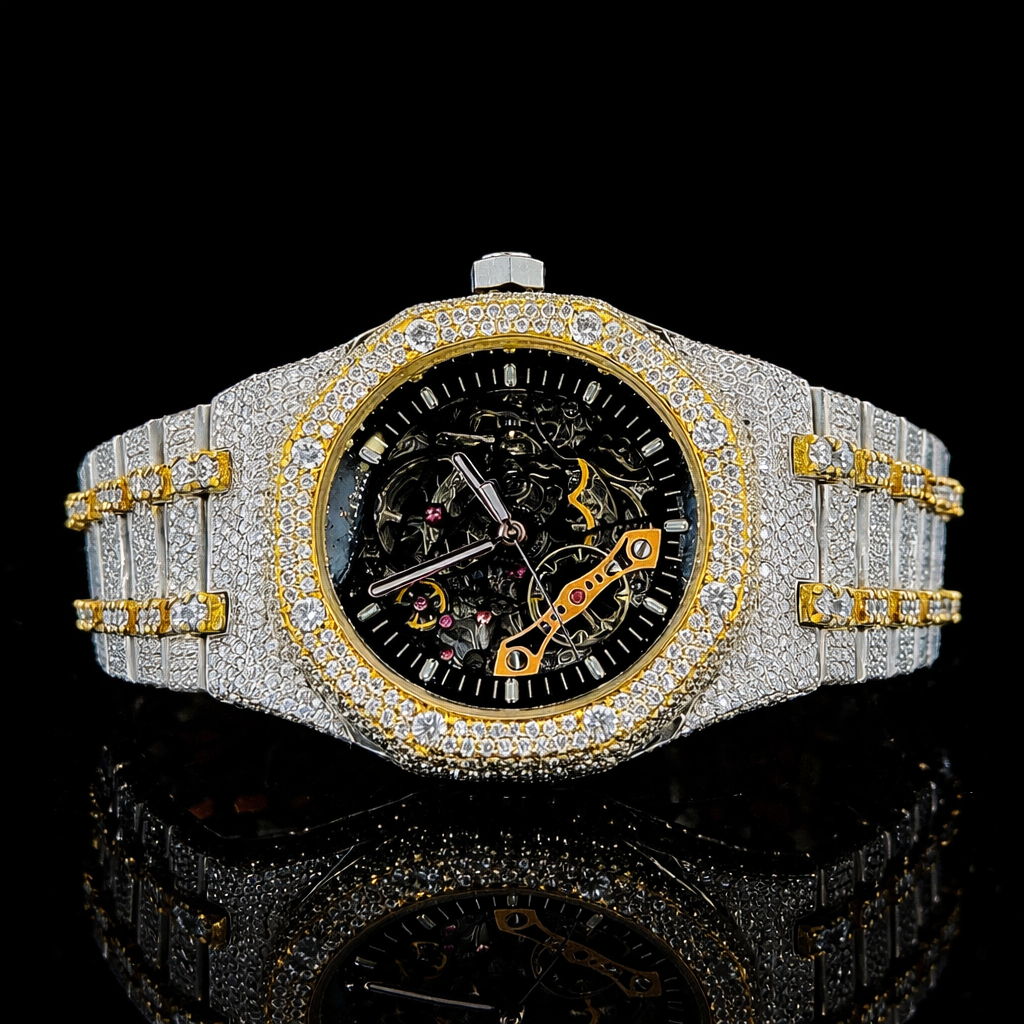 Black Skeleton Dial Yellow Gold Bezel Two Tone Moissanite Watch AP Inspired