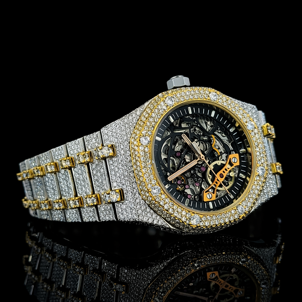 Black Skeleton Dial Yellow Gold Bezel Two Tone Moissanite Watch AP Inspired
