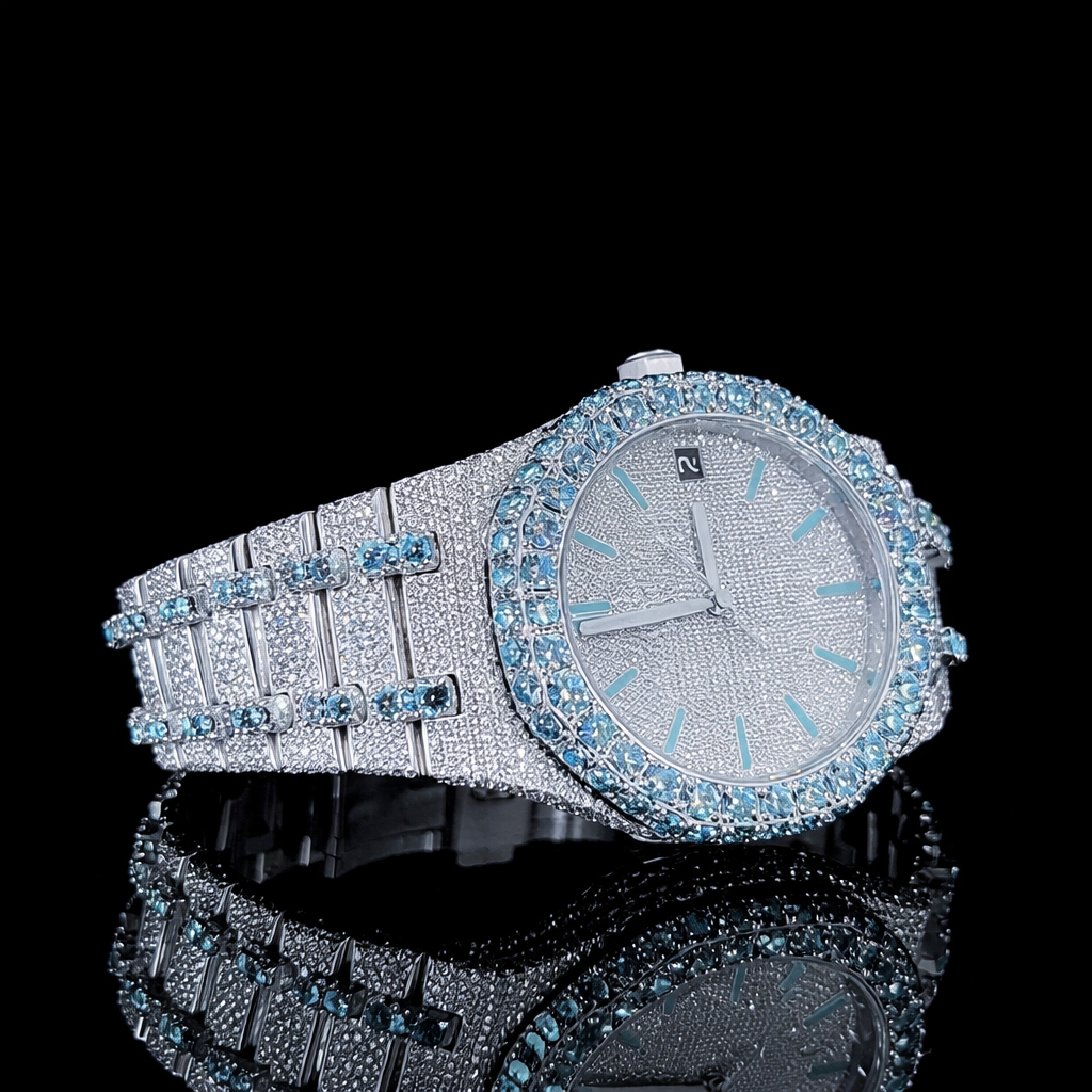 Blue Stick Markers White Dial Two Tone Blue Iced Moissanite Diamond Watch AP Inspired