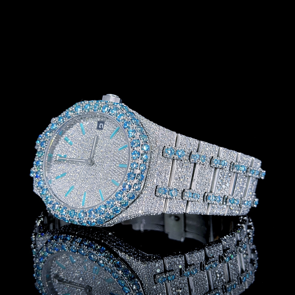 Blue Stick Markers White Dial Two Tone Blue Iced Moissanite Diamond Watch AP Inspired