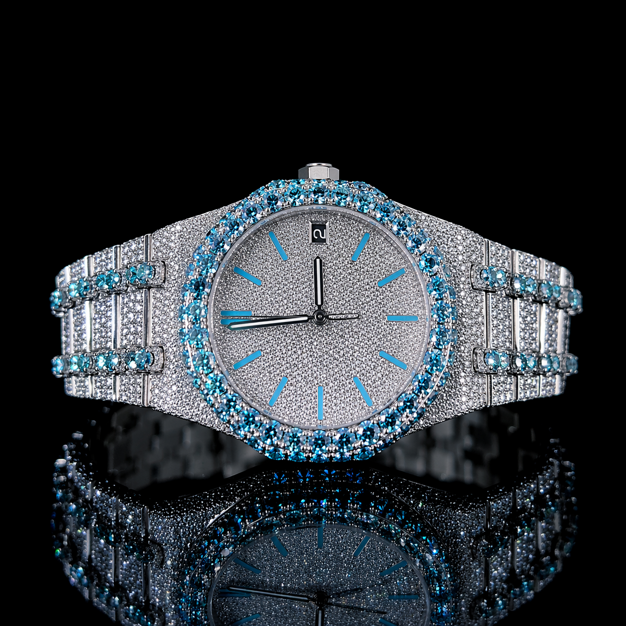 Blue Stick Markers White Dial Two Tone Blue Iced Moissanite Diamond Watch AP Inspired
