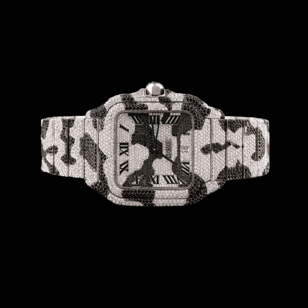 Roman Dial Black Camouflage Iced Out Strap Moissanite Watch Carti Inspired