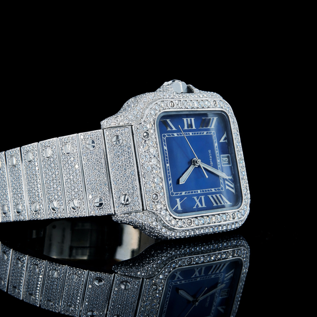 Iced Out Blue Roman Numeral Dial Moissanite Watch Carti Inspired