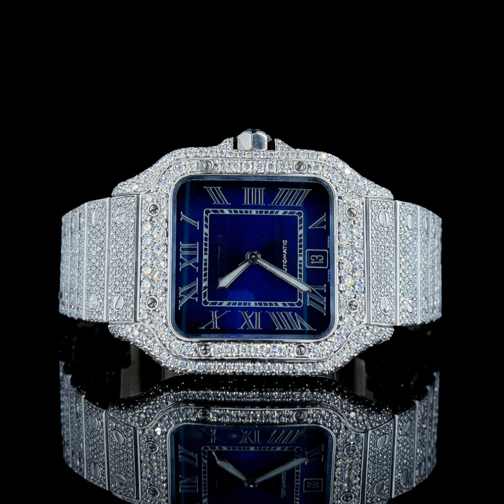 Iced Out Blue Roman Numeral Dial Moissanite Watch Carti Inspired