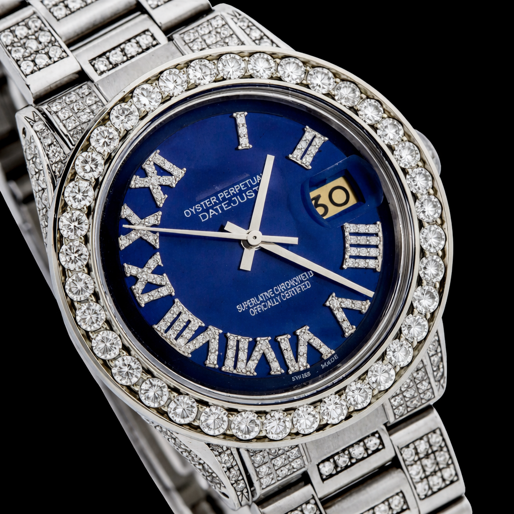 Ice Out Blue Dial White Roman Numerals Moissanite Watch Rollie Inspired