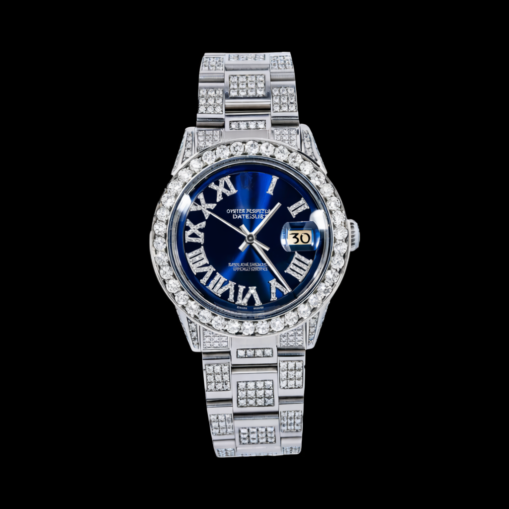 Ice Out Blue Dial White Roman Numerals Moissanite Watch Rollie Inspired