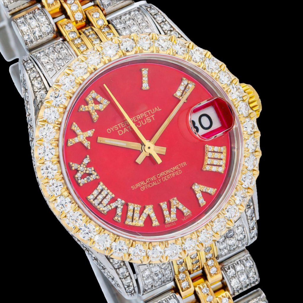 Roman Numerals Red Dial Two Tone Moissanite Watch Rollie Inspired