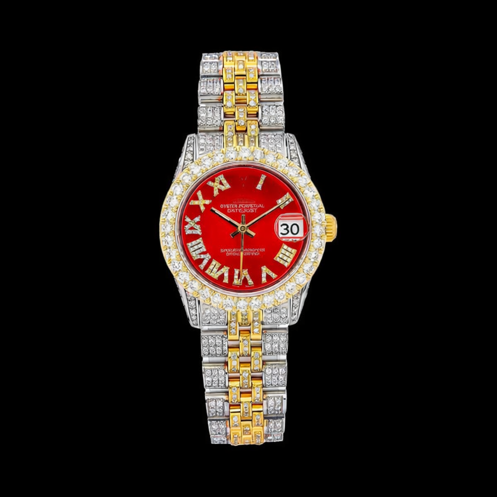 Roman Numerals Red Dial Two Tone Moissanite Watch Rollie Inspired