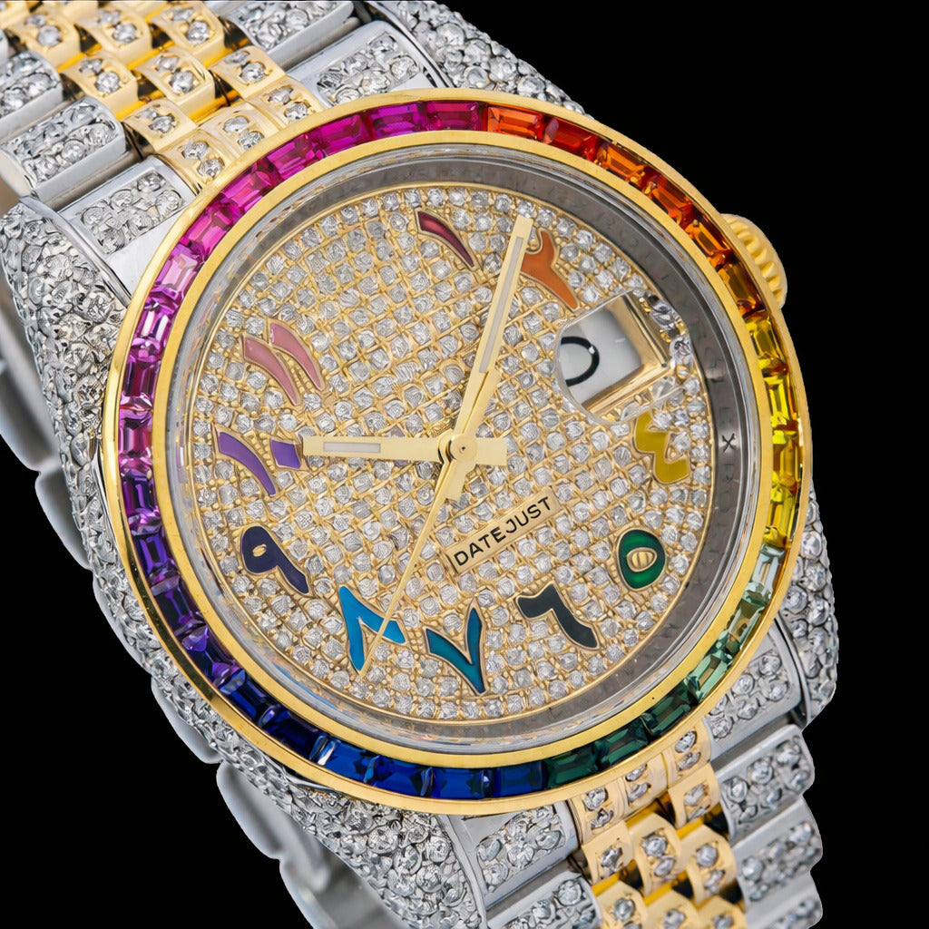 Rainbow Bezel Yellow Dial Rainbow Arabic Numerals Moissanite Diamond Watch Rollie Inspired