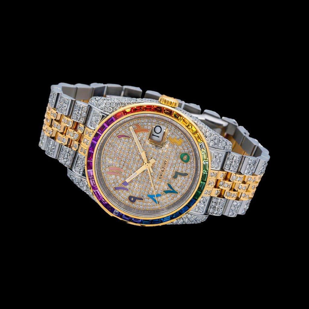 Rainbow Bezel Yellow Dial Rainbow Arabic Numerals Moissanite Diamond Watch Rollie Inspired