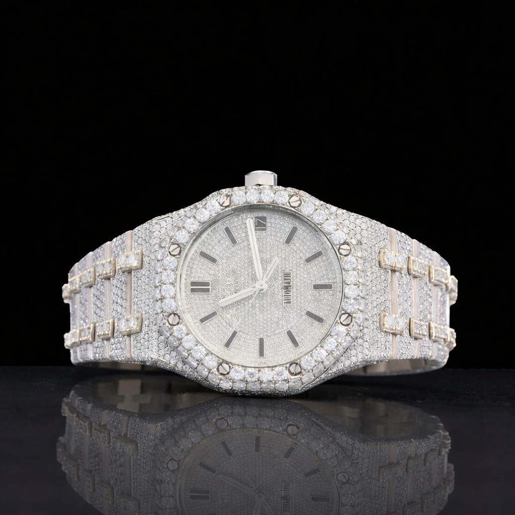 Fully Bust Down Silver Black Stick Markers Moissanite Diamond Watch AP Inspired