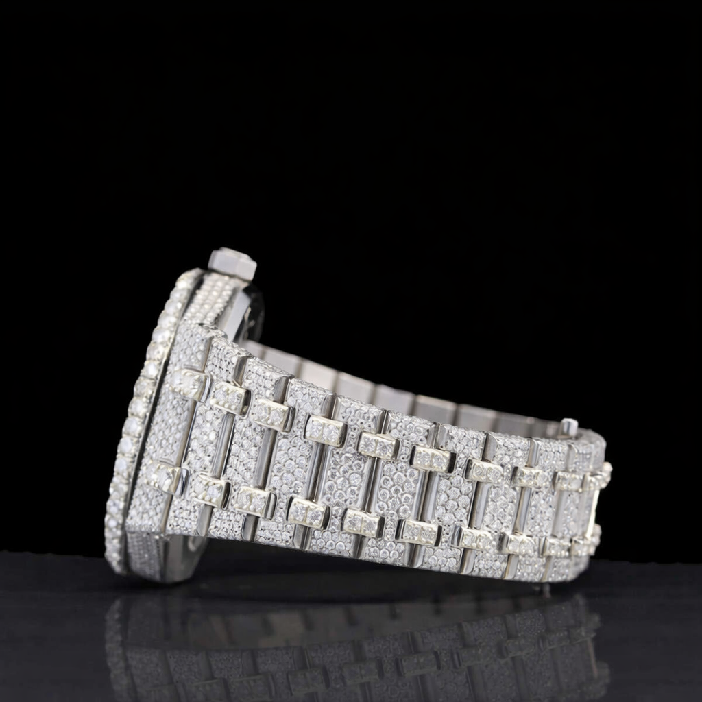 Fully Bust Down Silver Black Stick Markers Moissanite Diamond Watch AP Inspired