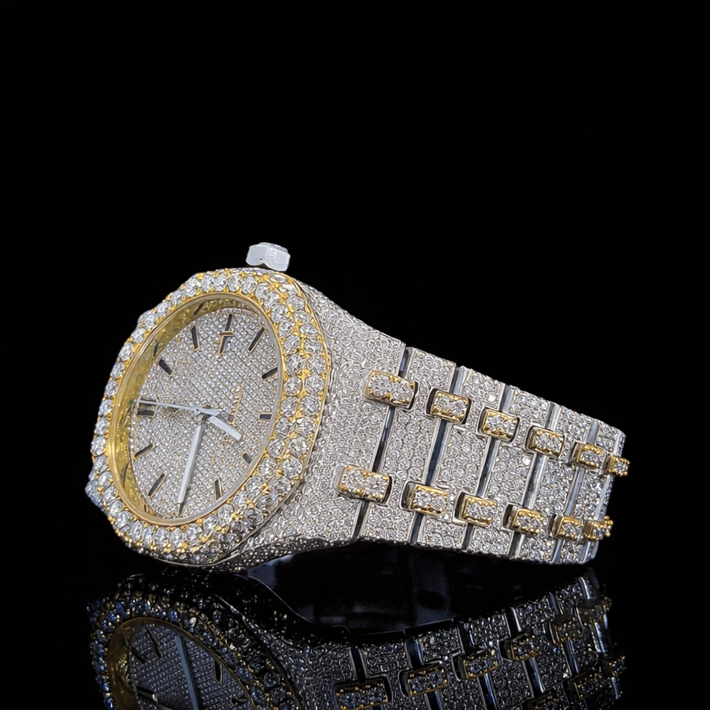Yellow Dial Black Stick Markers Two Tone Iced Out Moissanite Diamond Watch AP Inspired