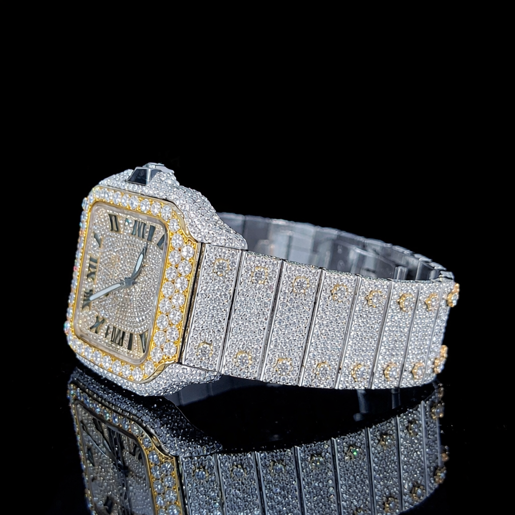 Two Tone Gold Iced Santos Style Moissanite Watch Carti Inspired