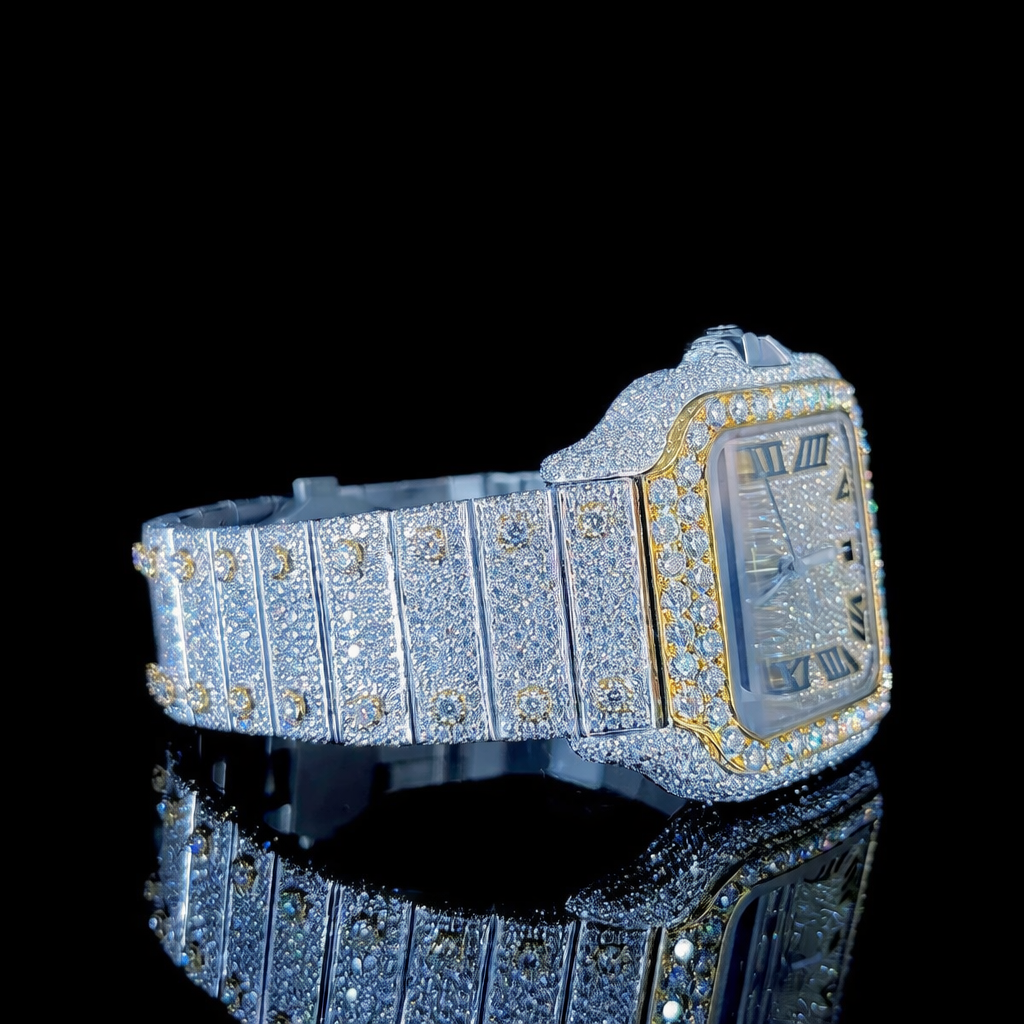 Two Tone Gold Iced Santos Style Moissanite Watch Carti Inspired