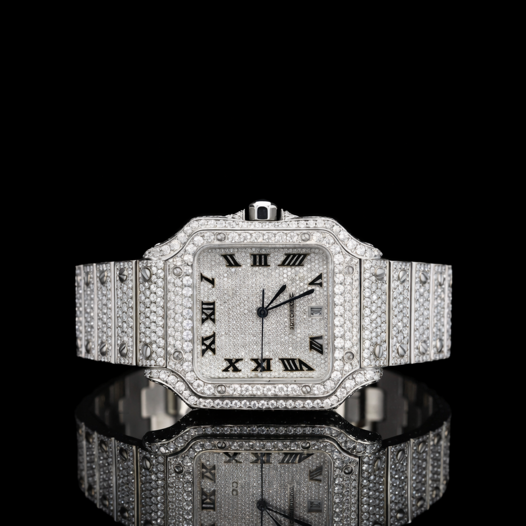 Fully Iced Black Roman Numerals White Dial Santos Style Moissanite Diamond Watch Carti Inspired