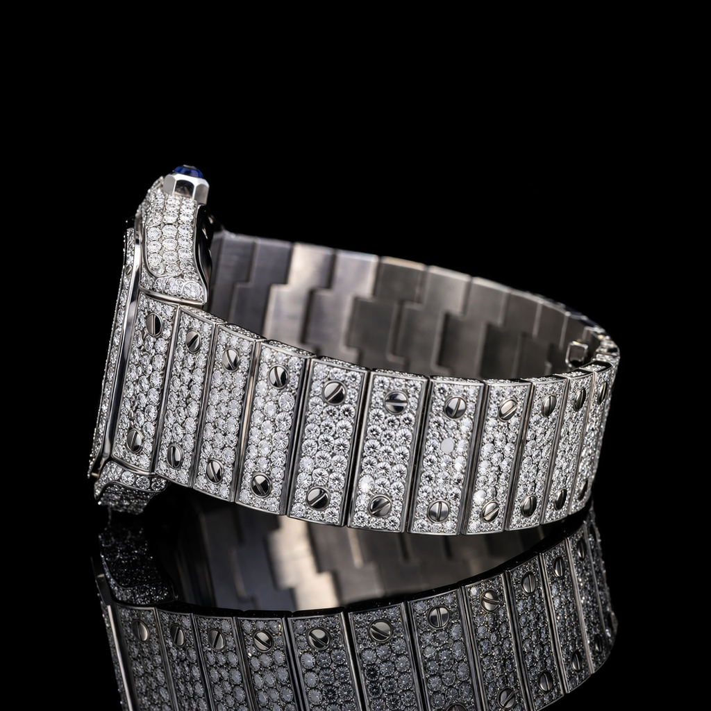 Fully Iced Black Roman Numerals White Dial Santos Style Moissanite Diamond Watch Carti Inspired