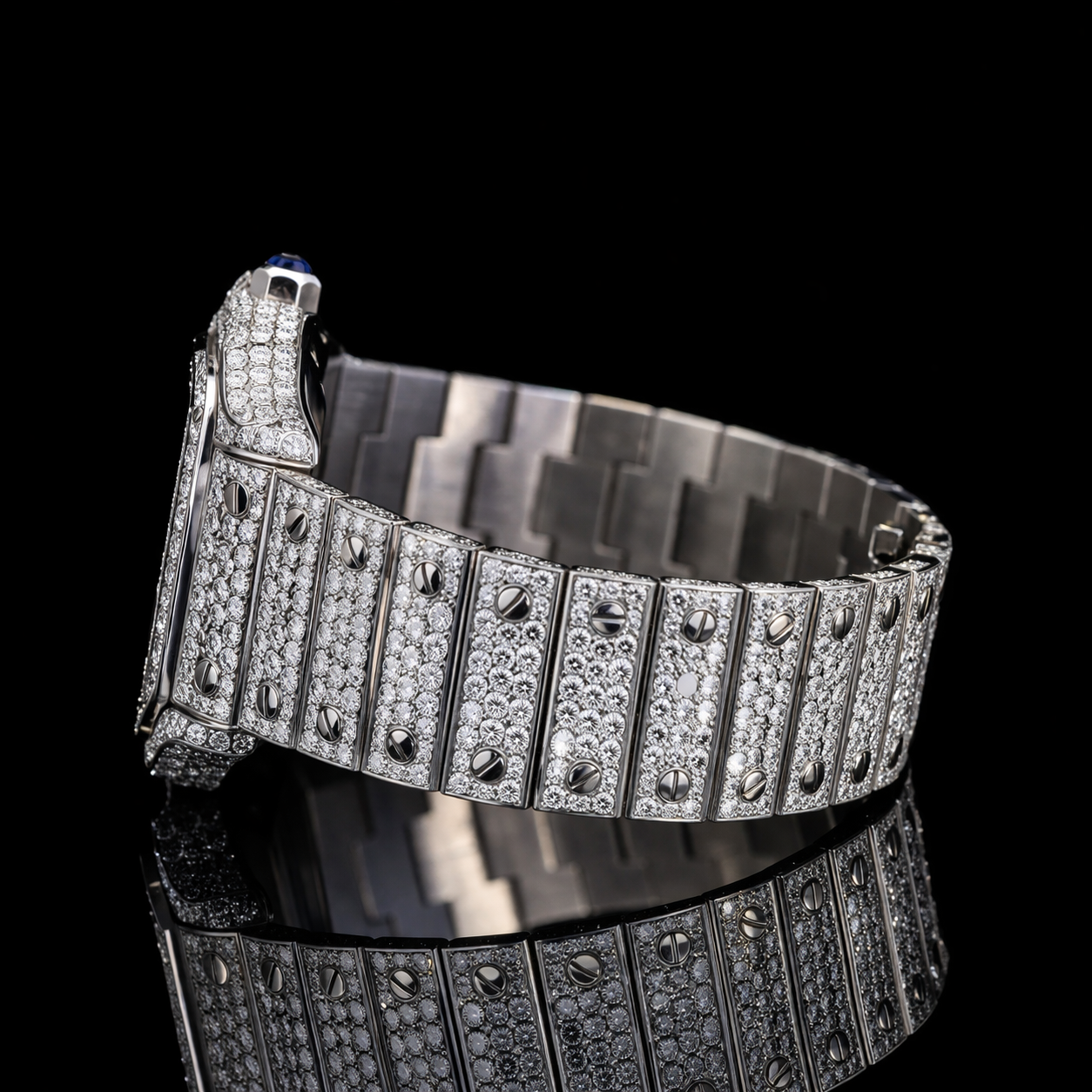 Fully Iced Black Roman Numerals White Dial Santos Style Moissanite Diamond Watch Carti Inspired