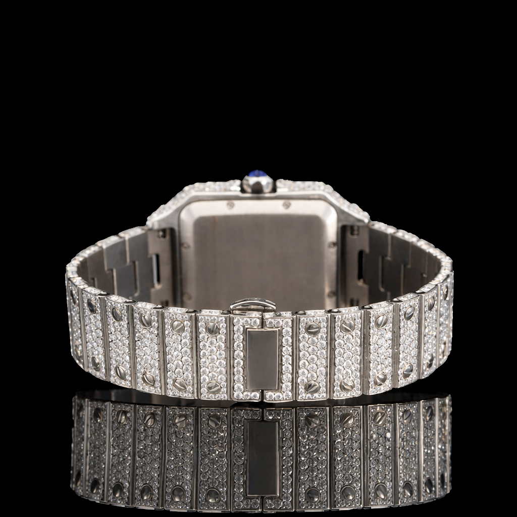 Fully Iced Black Roman Numerals White Dial Santos Style Moissanite Diamond Watch Carti Inspired