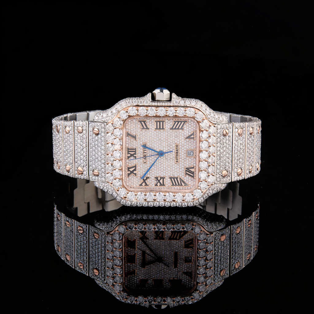 Rose Gold Two Tone Square Iced Moissanite Watch Carti Inspired