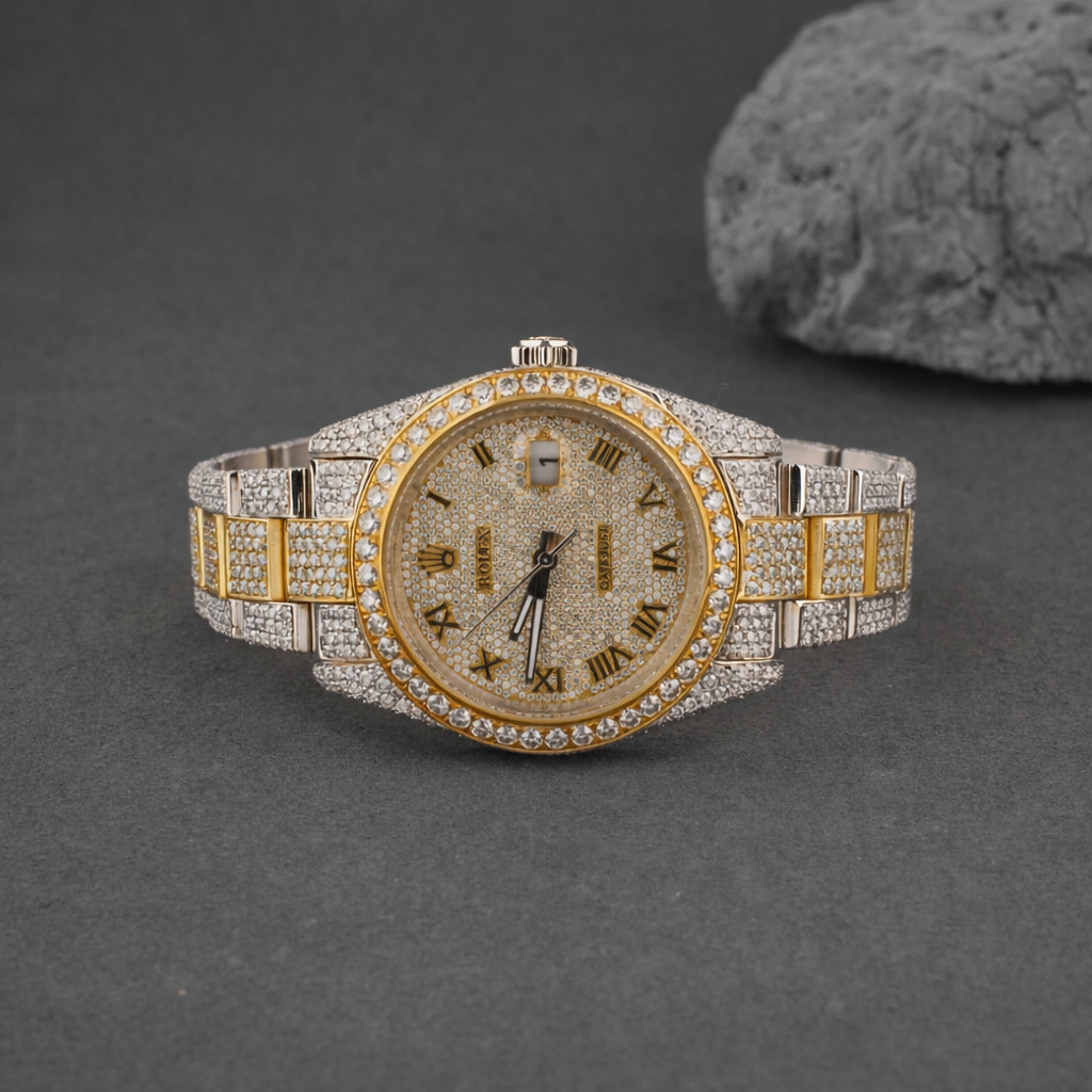 Two Tone Gold Iced Moissanite Luxury Watch Rollie Inspired