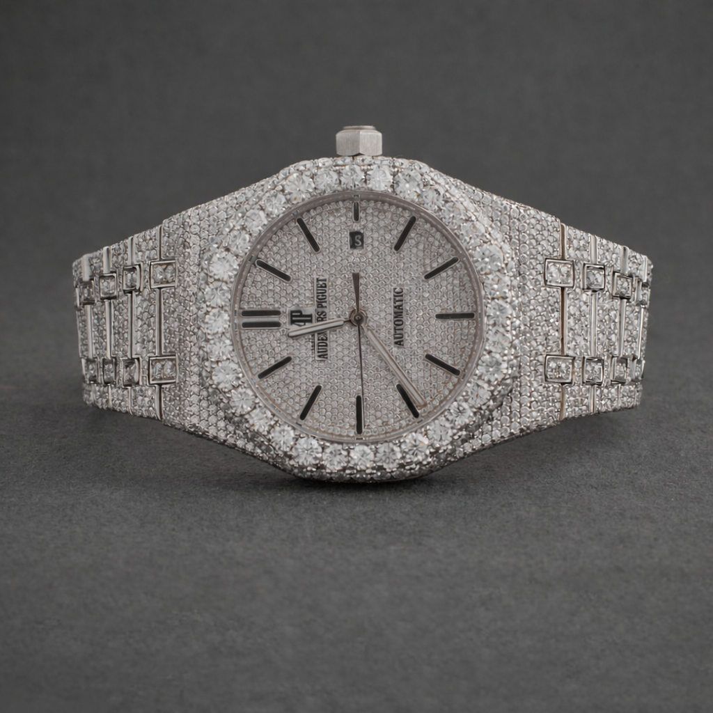 Fully Iced Moissanite Luxury Watch Silver AP Inspired